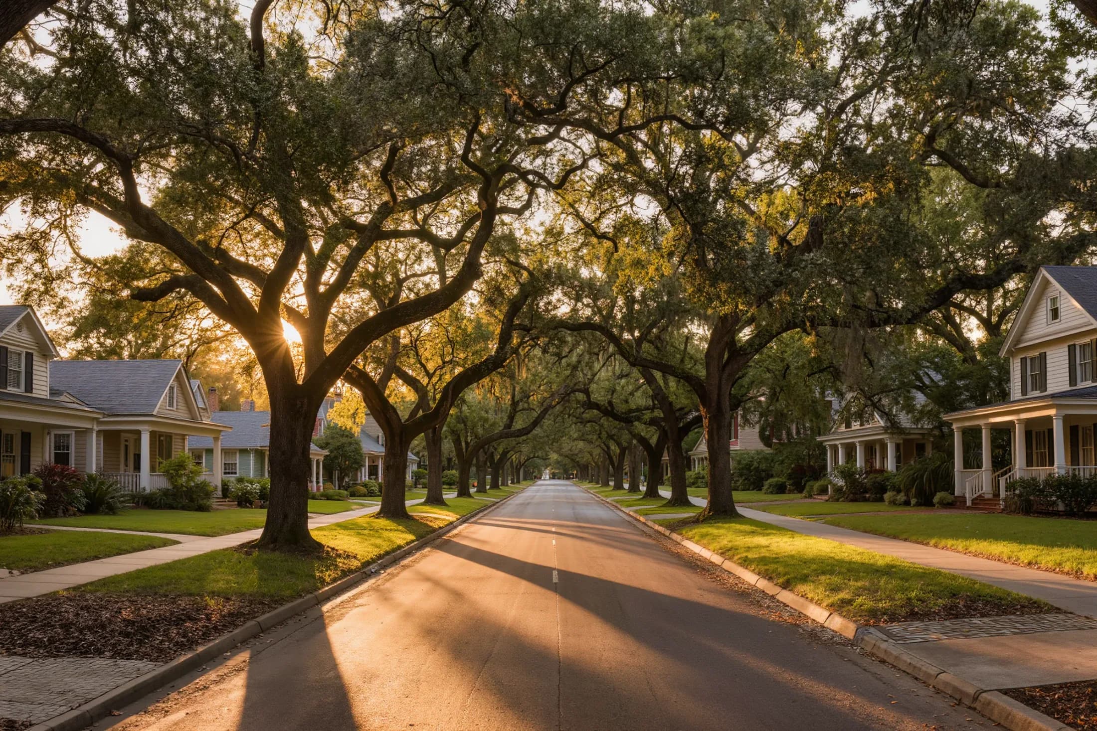 Golden evening light through a live oak canopy over a residential street in central Austin