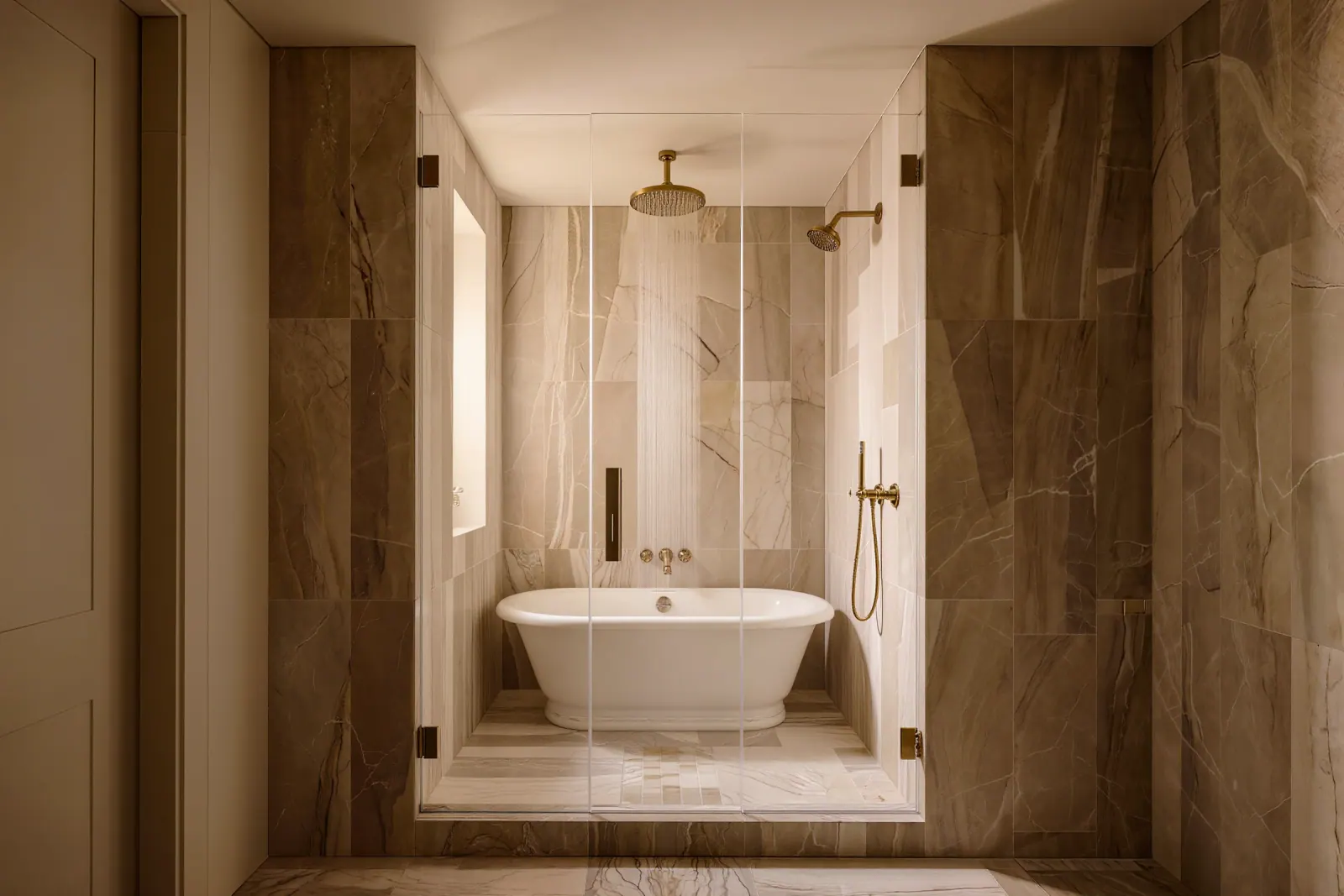 Wet room with a freestanding tub inside frameless glass and book-matched marble slab walls