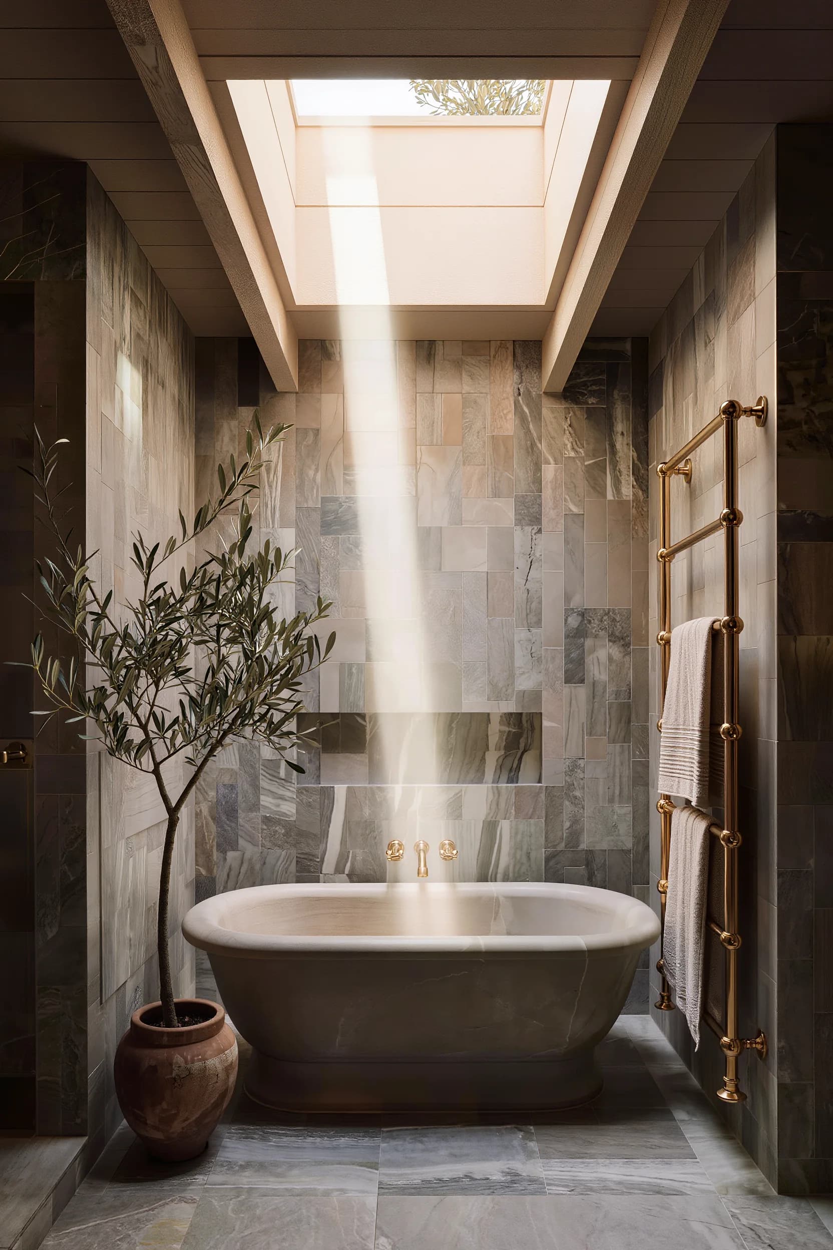 Stone tub beneath a skylight with tumbled limestone walls, the standard of finish on every job