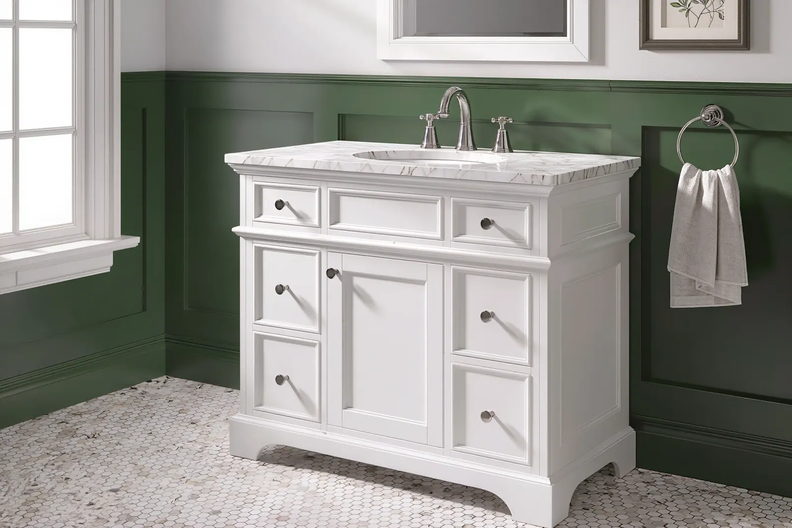 Classic hall bath with white hex mosaic floor, green wainscot, and a marble-topped shaker vanity