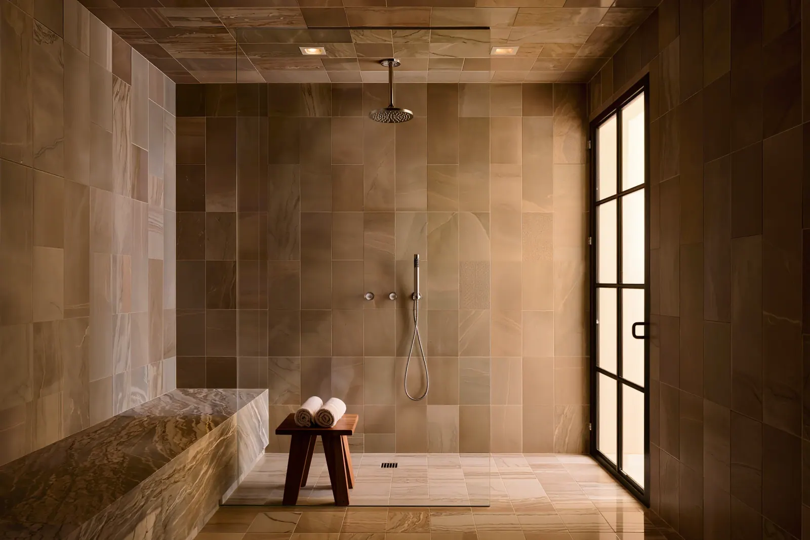 Steam shower with a built-in stone bench, black-framed glass, and a teak stool with towels