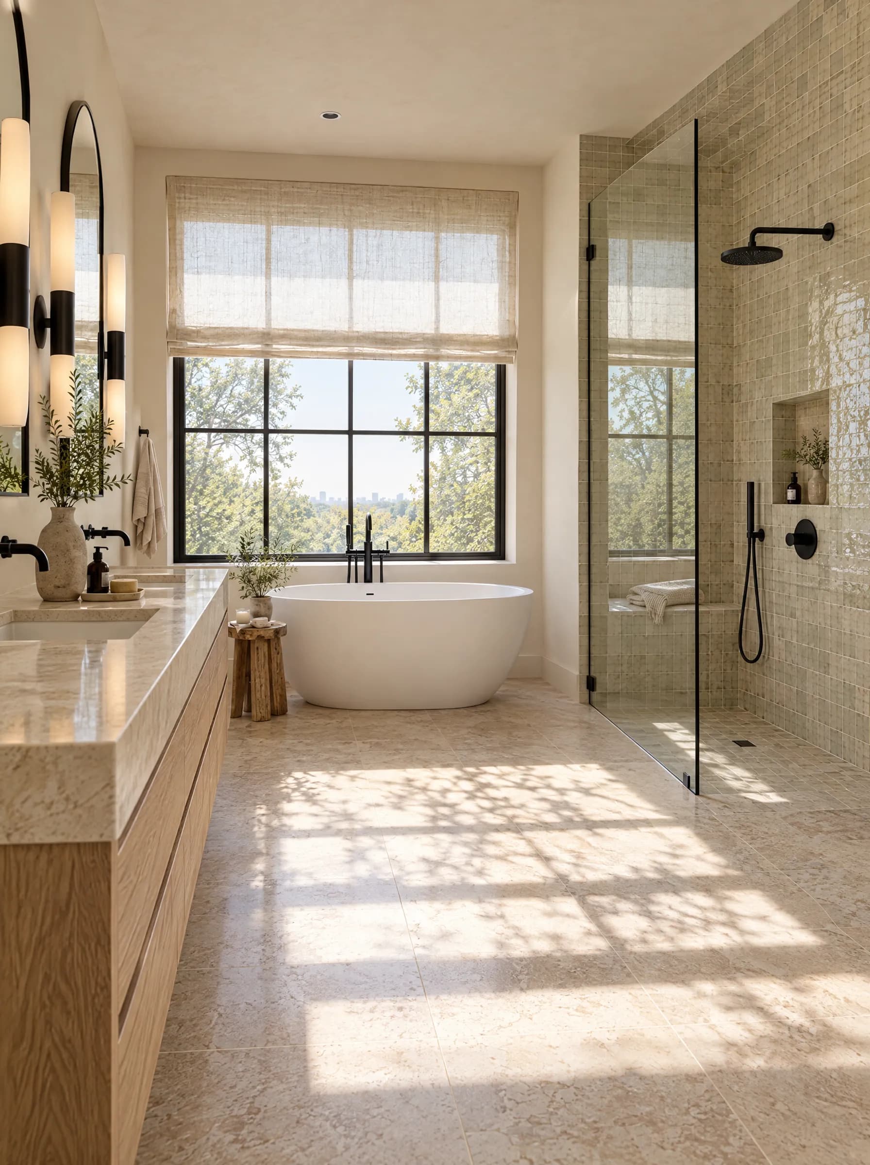 After: the freestanding tub under the window with the shower beyond