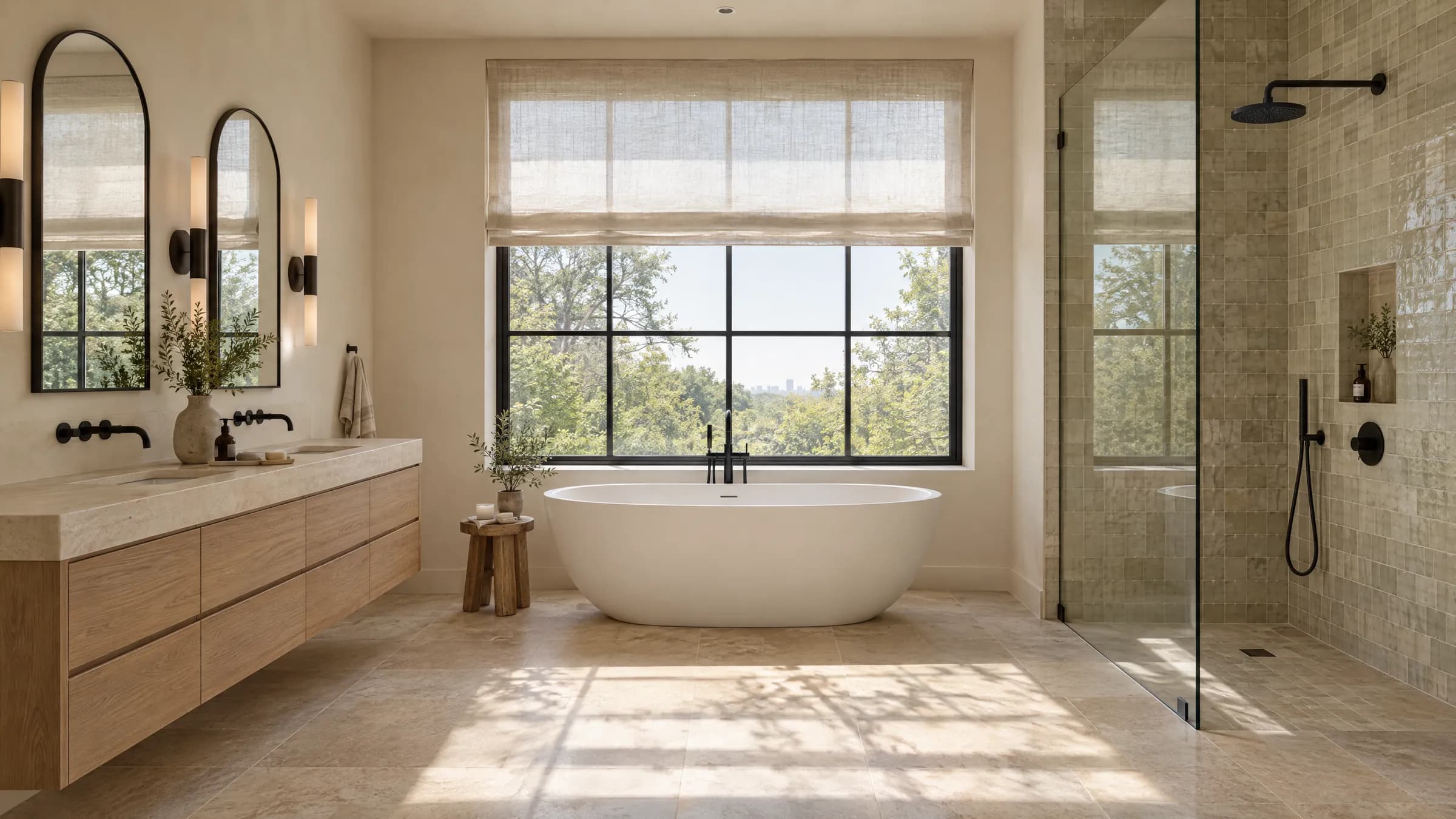 Remodeled primary bathroom with a freestanding tub under a steel window, a floating white oak vanity, and a zellige tile shower in morning light