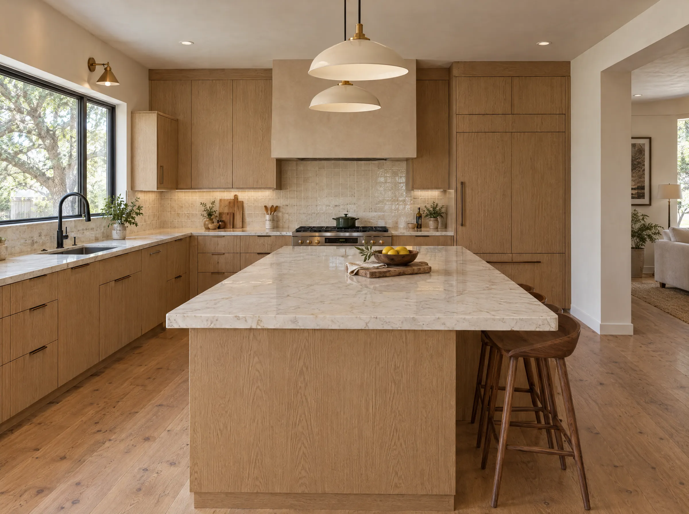 After: the island from the range side, pendants over the quartzite, oak floors running into the living room