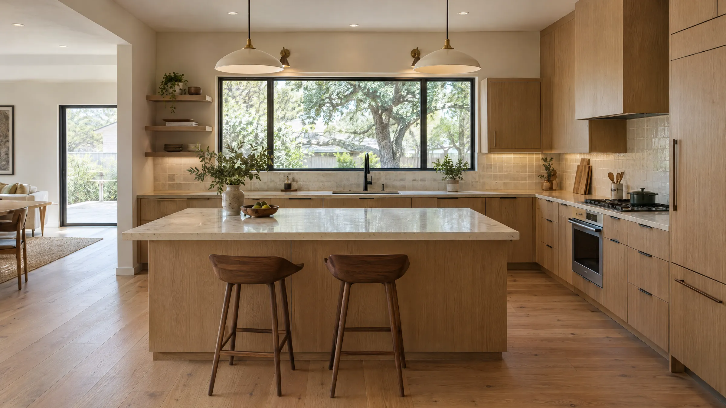 Remodeled Austin ranch kitchen with white oak cabinets, a quartzite island, and a plaster hood
