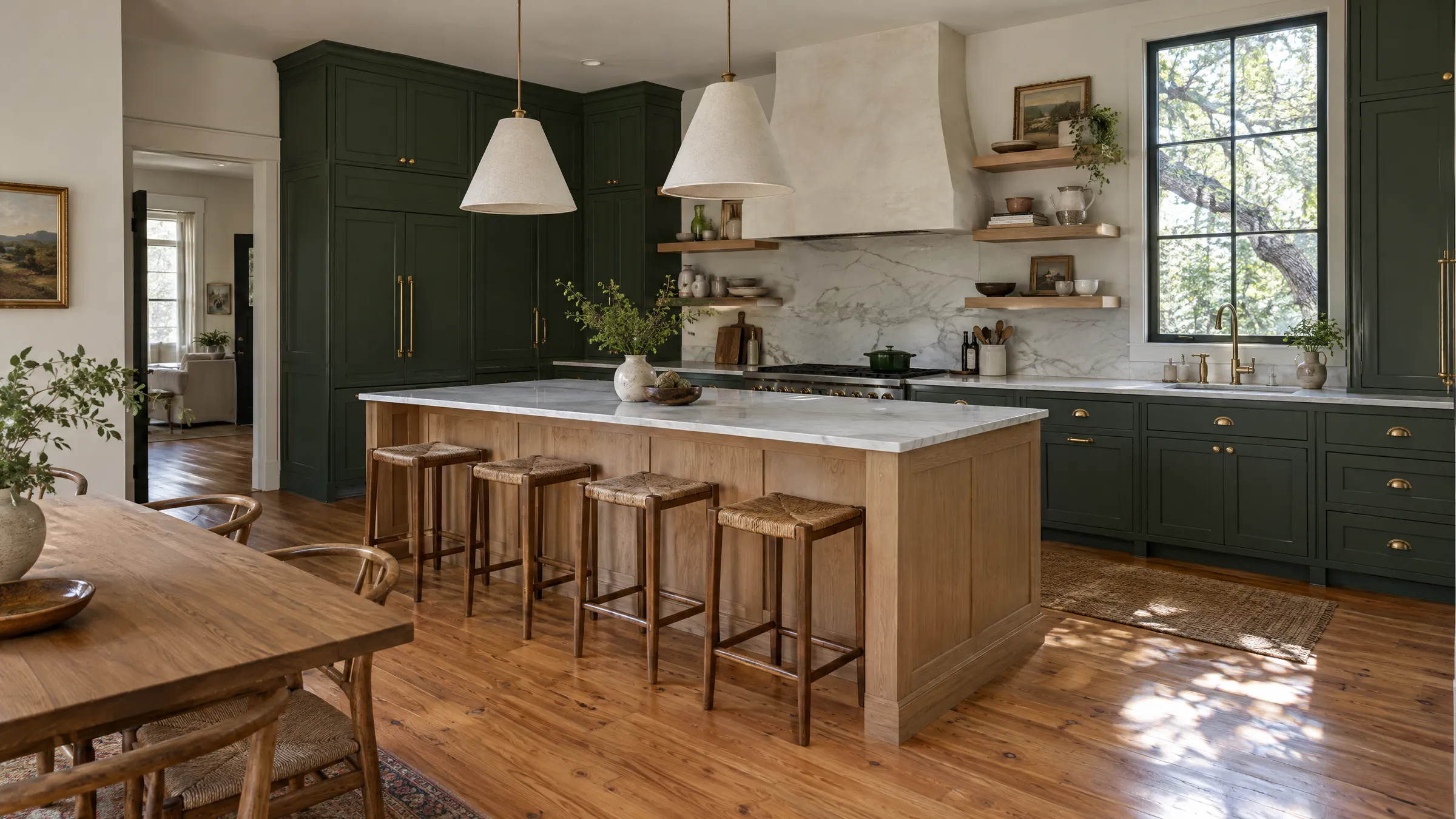 Remodeled Austin bungalow kitchen with forest green inset cabinets, a white oak island with a marble top, and a plaster range hood
