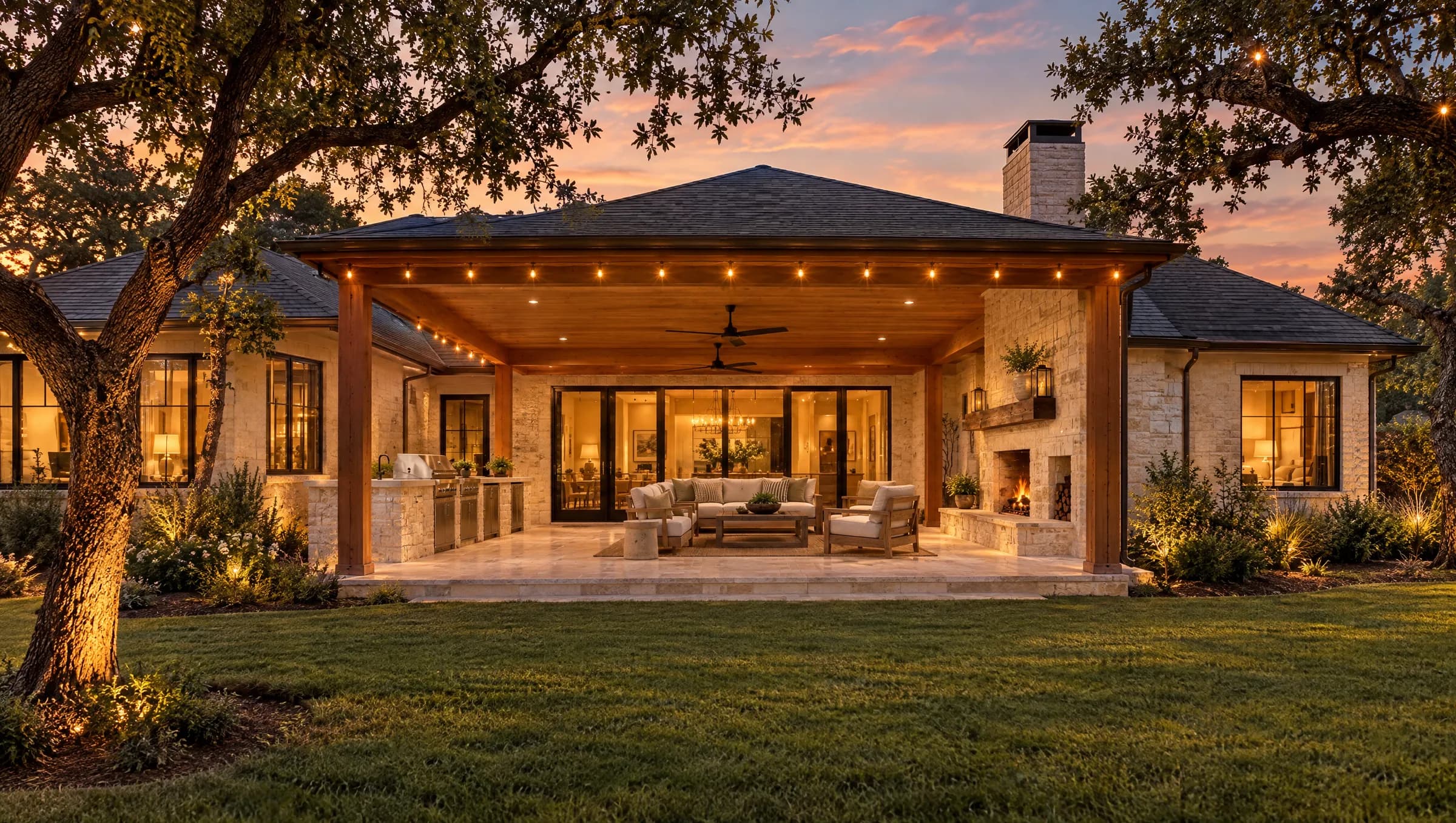 After: the whole back of the house at twilight, patio lit and the yard in front