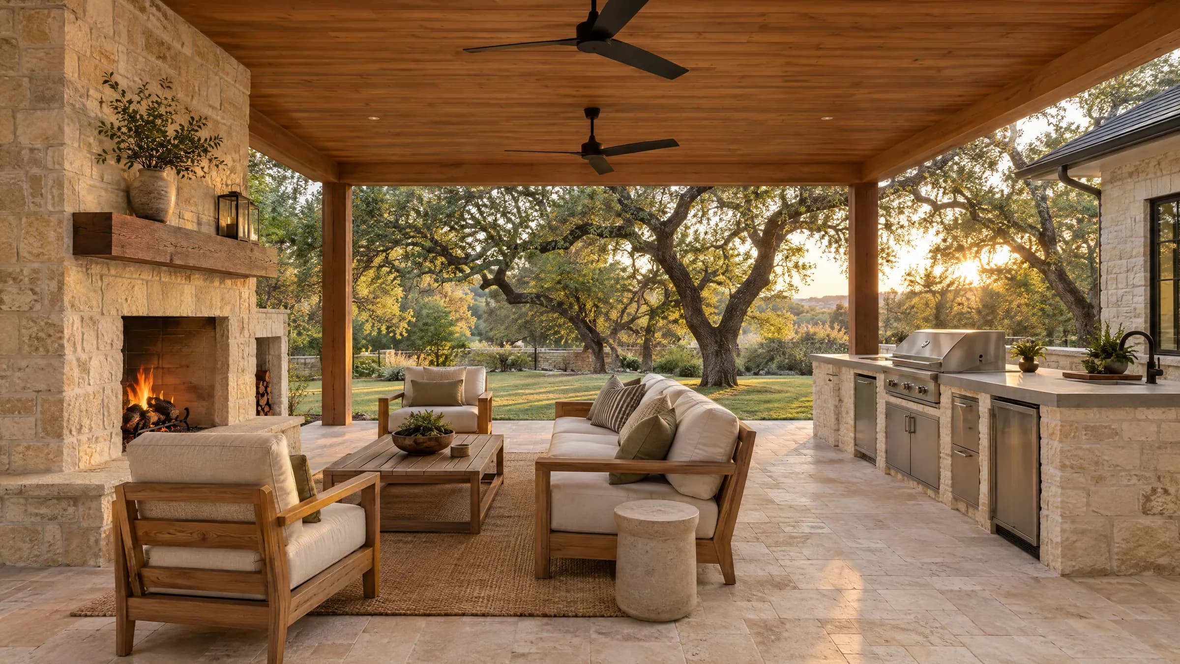 Covered outdoor living addition at golden hour with a limestone fireplace, cedar ceiling, and live oaks beyond
