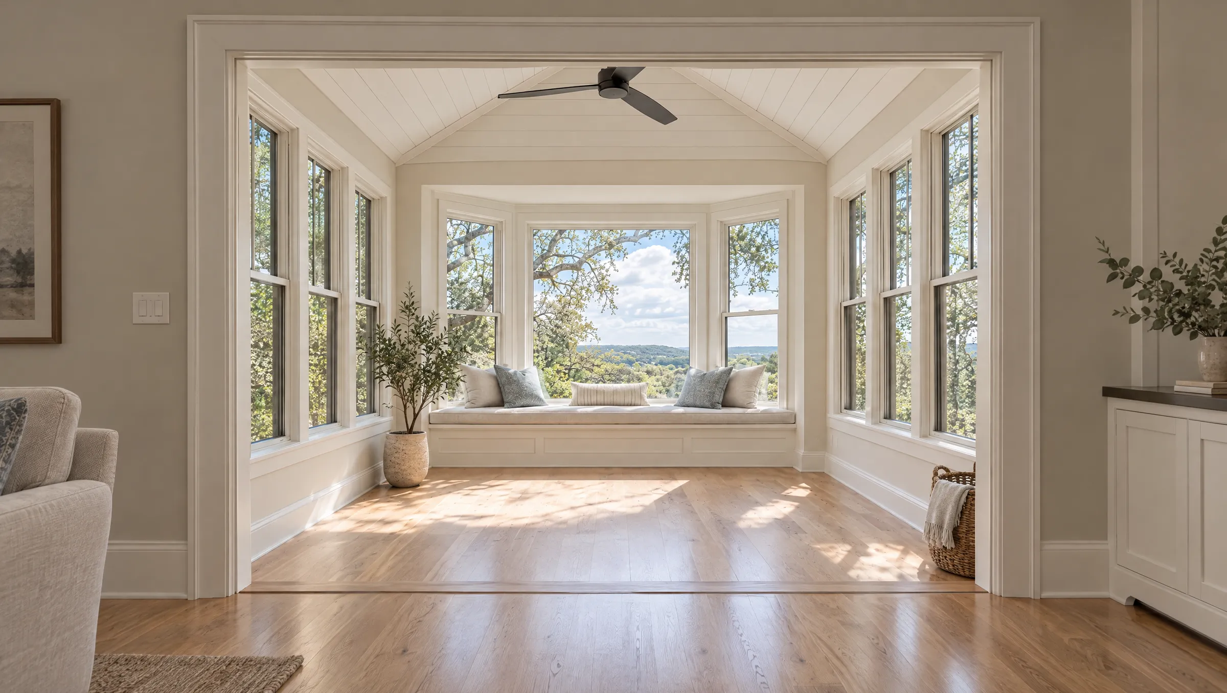 After: from inside the house, looking through the opening into the vaulted sunroom and window seat