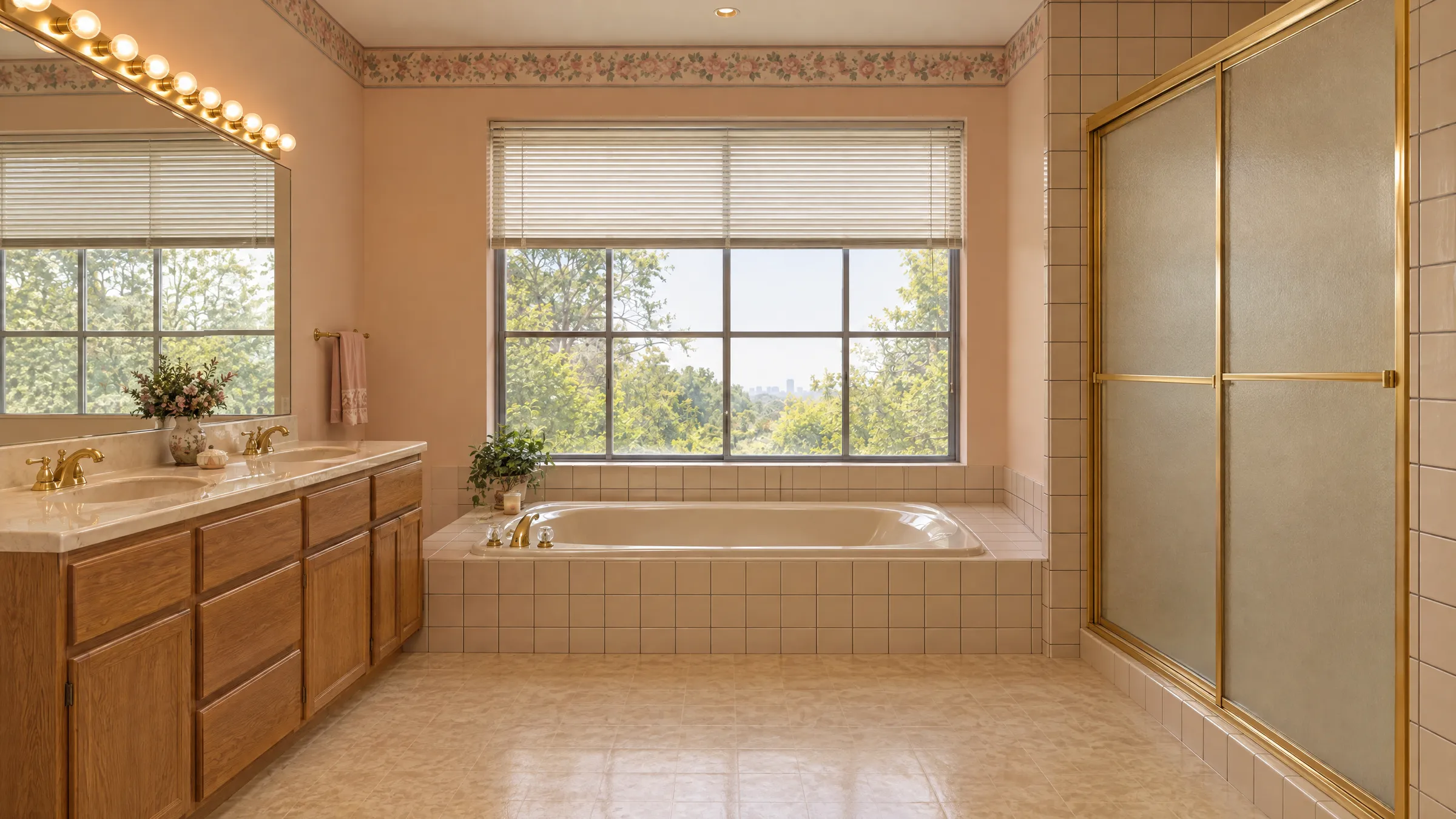 The same bathroom before remodeling, with a built-in garden tub, almond tile, an oak cultured-marble vanity, and gold-framed shower doors