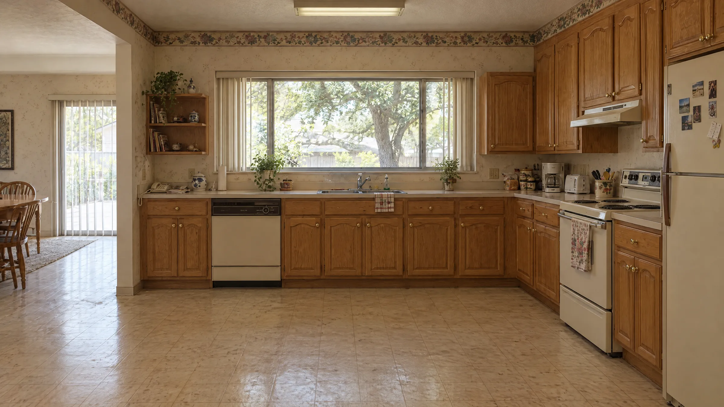 Before: the original ranch kitchen with oak cabinets, a fluorescent box light, and sheet vinyl floors