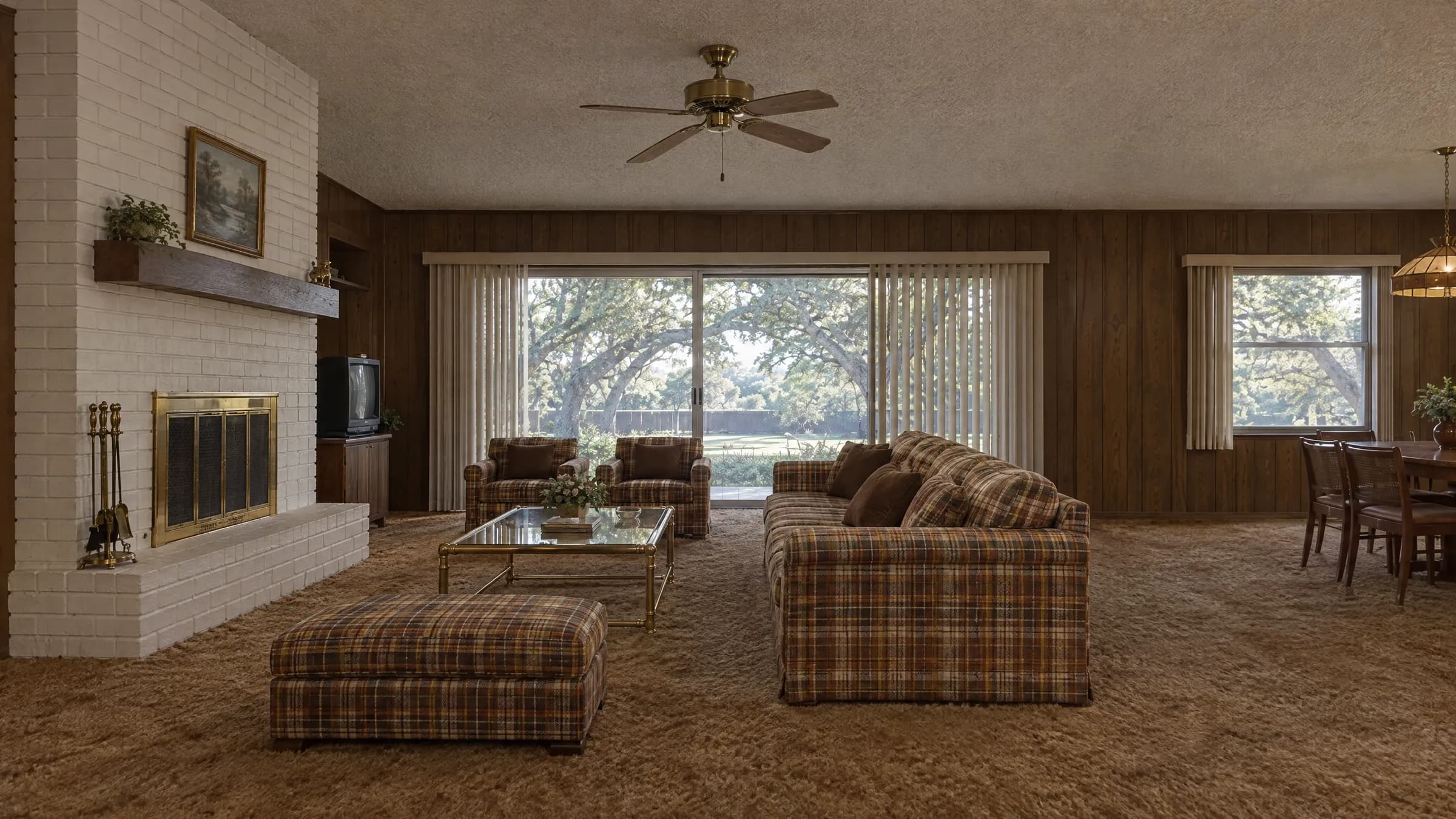 The same room before remodeling, with wood paneling, a painted brick fireplace, brown carpet, and a single sliding door with vertical blinds