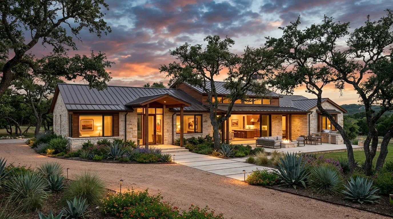 Completed custom home at dusk, warm interior light against a deep blue hill country sky