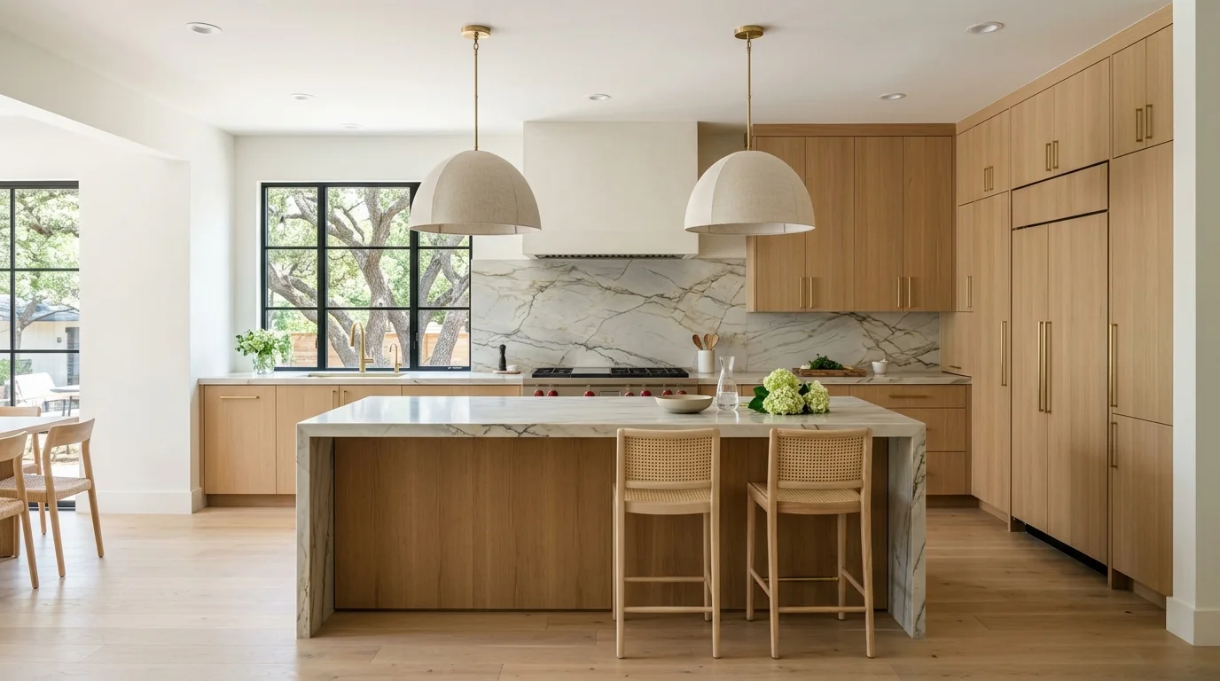 Finished kitchen remodel with white oak cabinetry, stone counters, and layered warm lighting