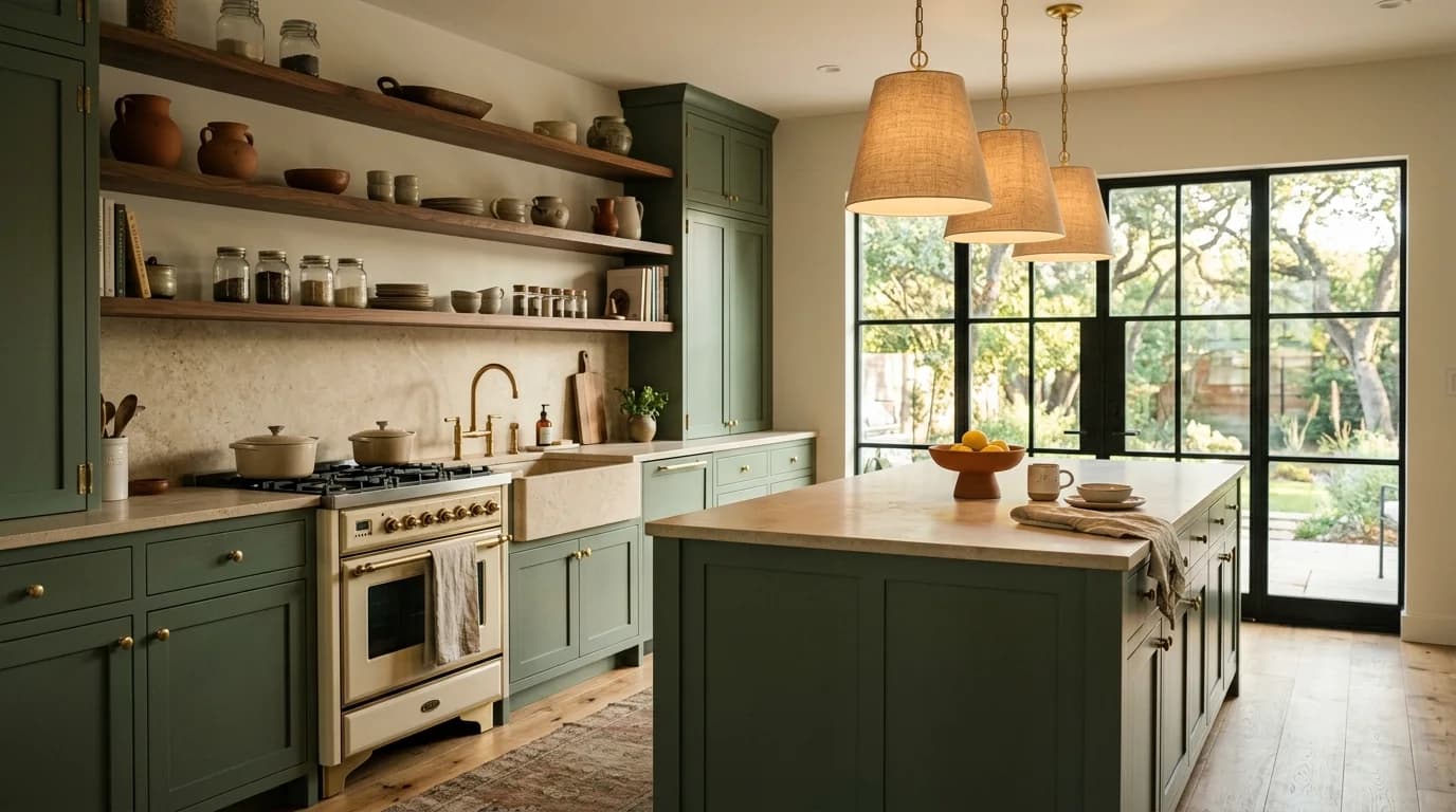 Kitchen opened to the living space during a whole-home remodel, island with seating for four