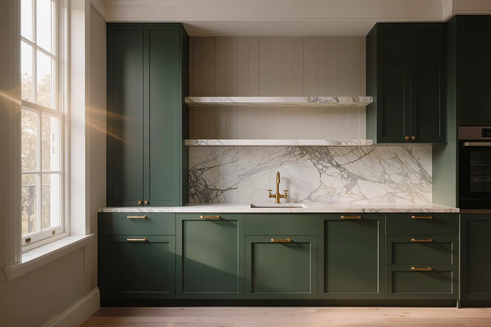 Forest-green inset cabinetry with unlacquered brass hardware and a honed marble backsplash