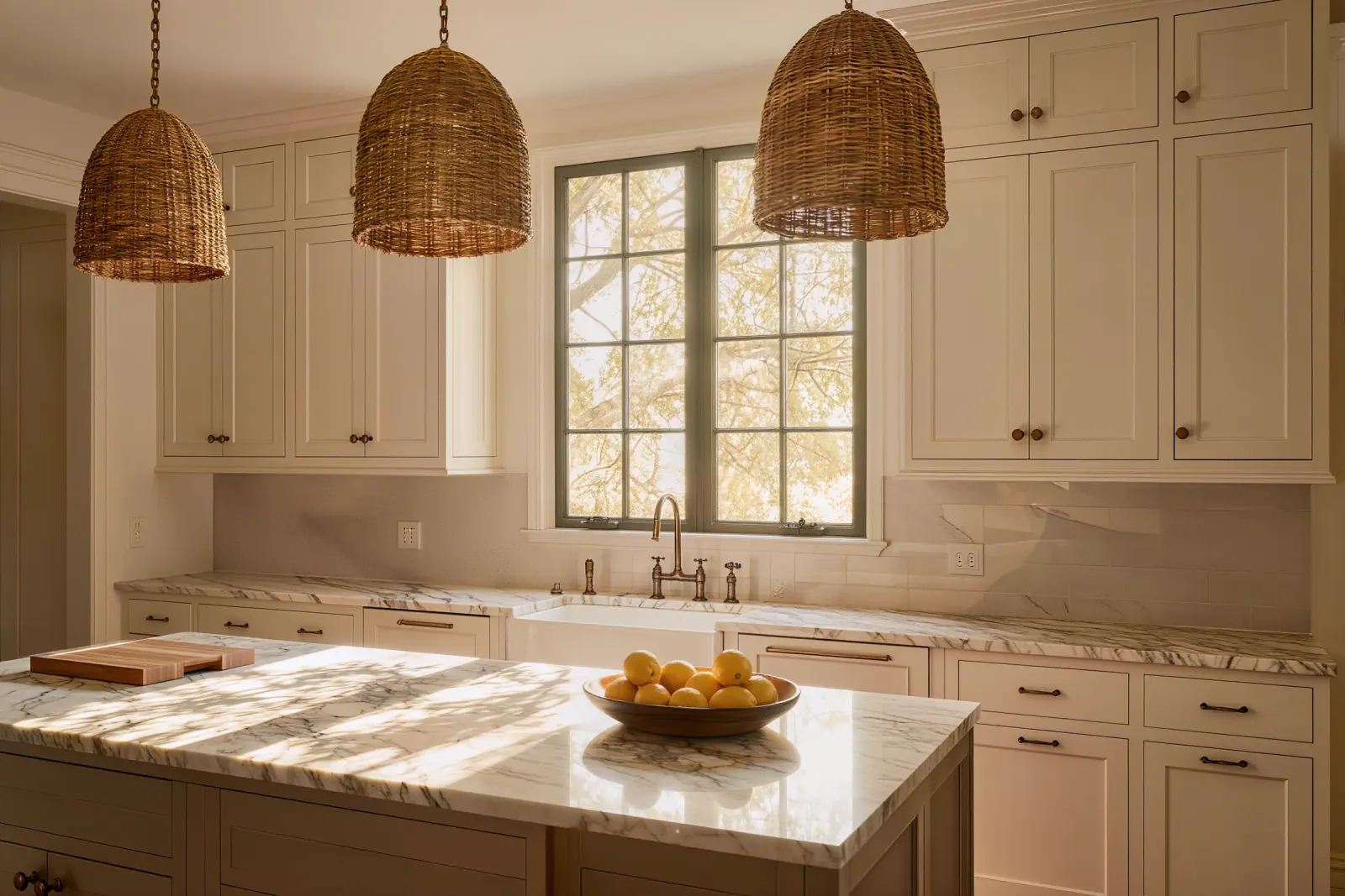 Cream shaker kitchen with a honed marble island, woven rattan pendants, and dappled window light