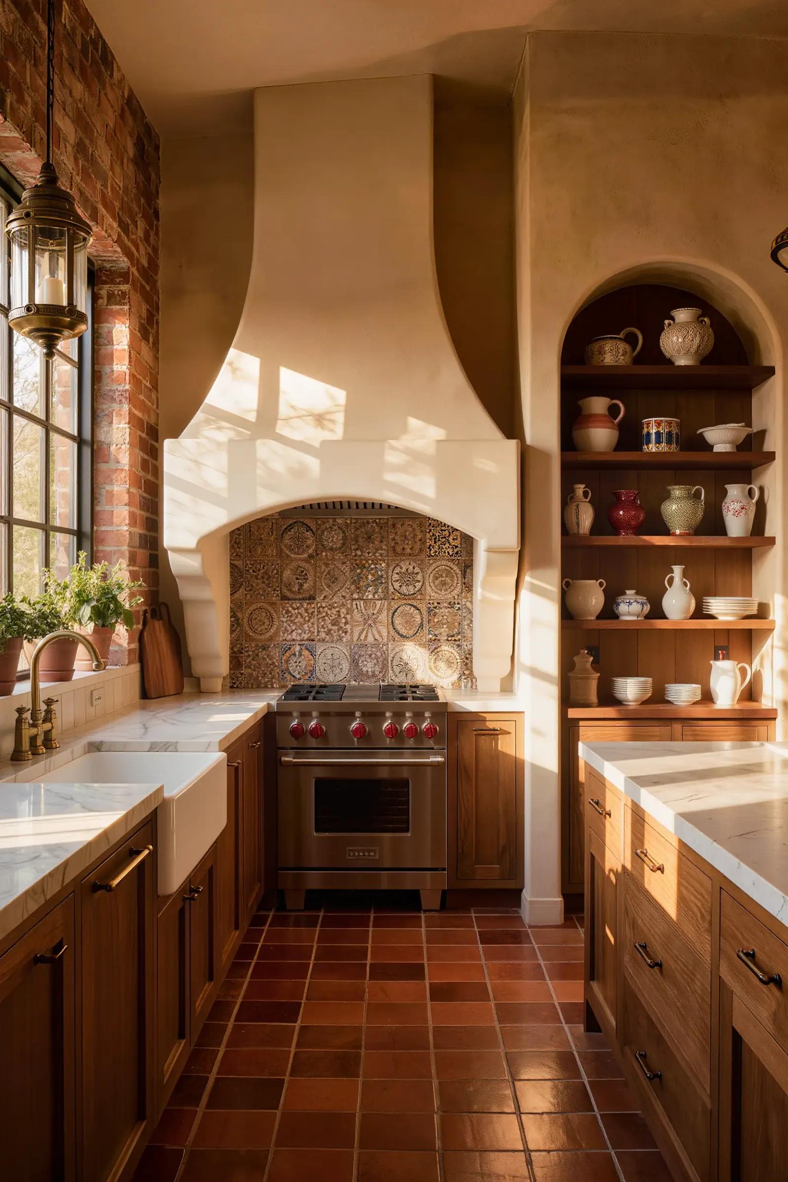 Spanish-influenced kitchen with a sculpted plaster hood, zellige backsplash, and terracotta floors