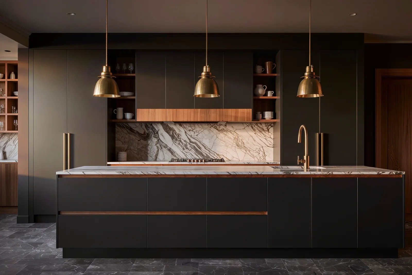 Moody charcoal kitchen with veined soapstone counters and brass library lights