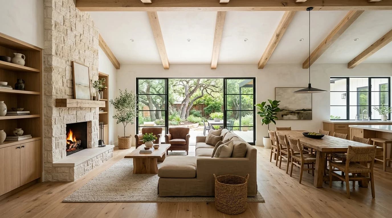 Opened-up kitchen and living room remodel in a 2000s production home in Hutto, Texas