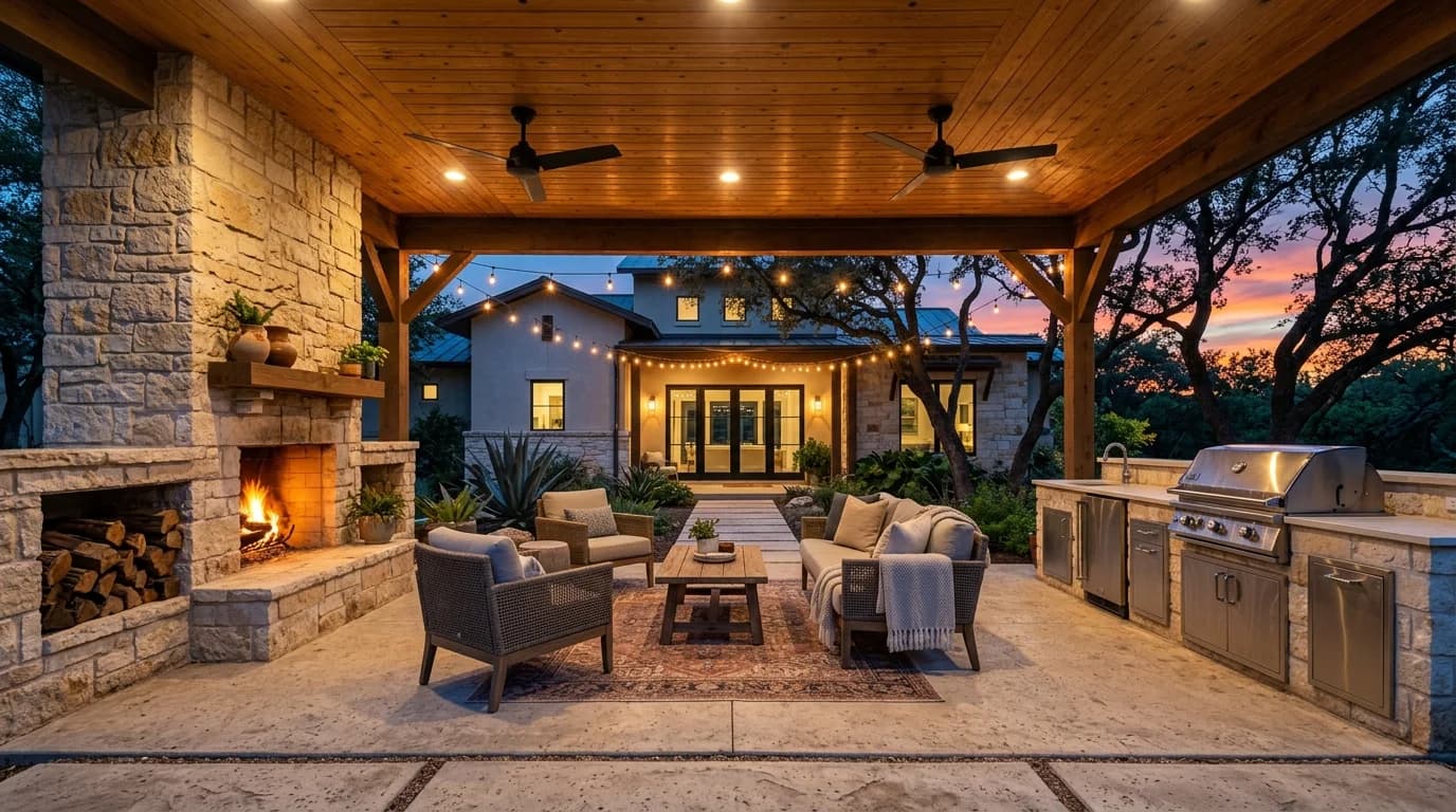 Covered outdoor kitchen and living addition behind a newer master-planned home in Leander, Texas