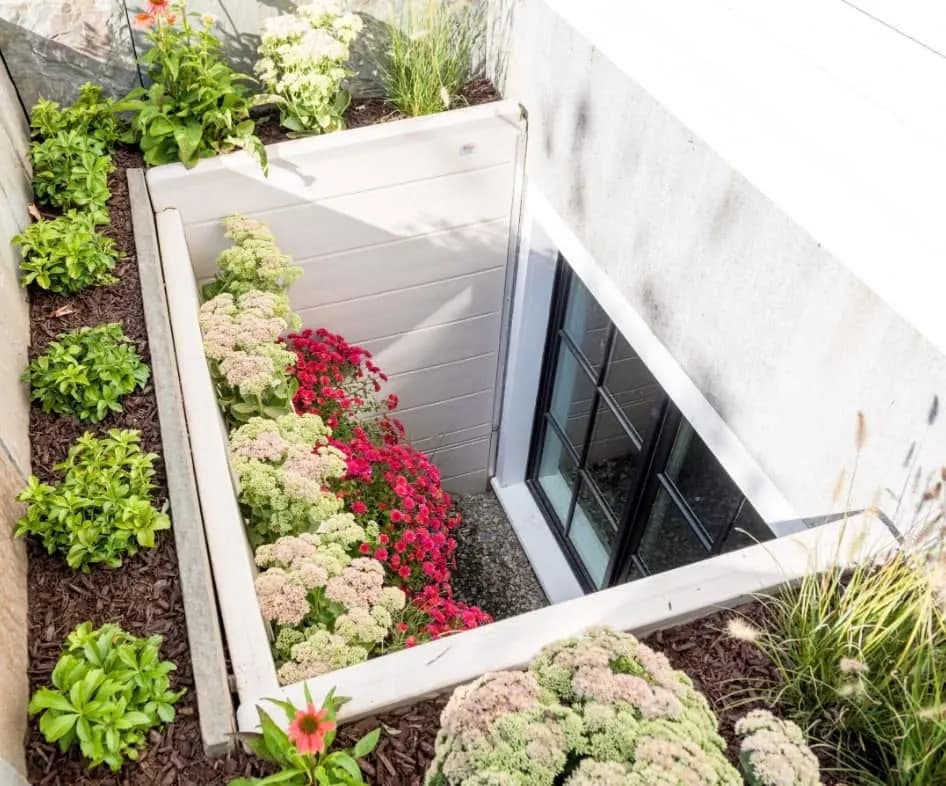 A new egress window with a white composite well and flowering landscaping around it